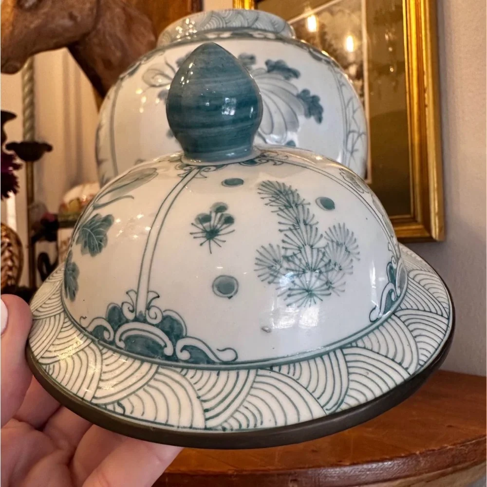 Maitland Smith Teal and White Ceramic Ginger Jar with Lid